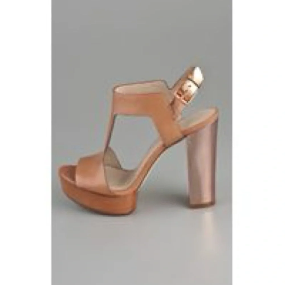 Kors Michael Kors Stylish Tan Platform Vernon Heels Mirrored Rose Gold Heel